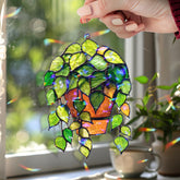 Hanging Plant Acrylic Wavy Suncatcher Ornament, Green Vines in Terracotta Pot, Botanical Faux Stained Glass Window Decor for Plant Lovers